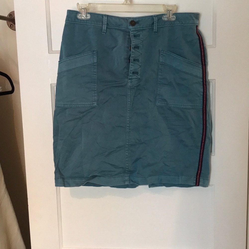 Blue Button-Front Skirt with Red Stripe
